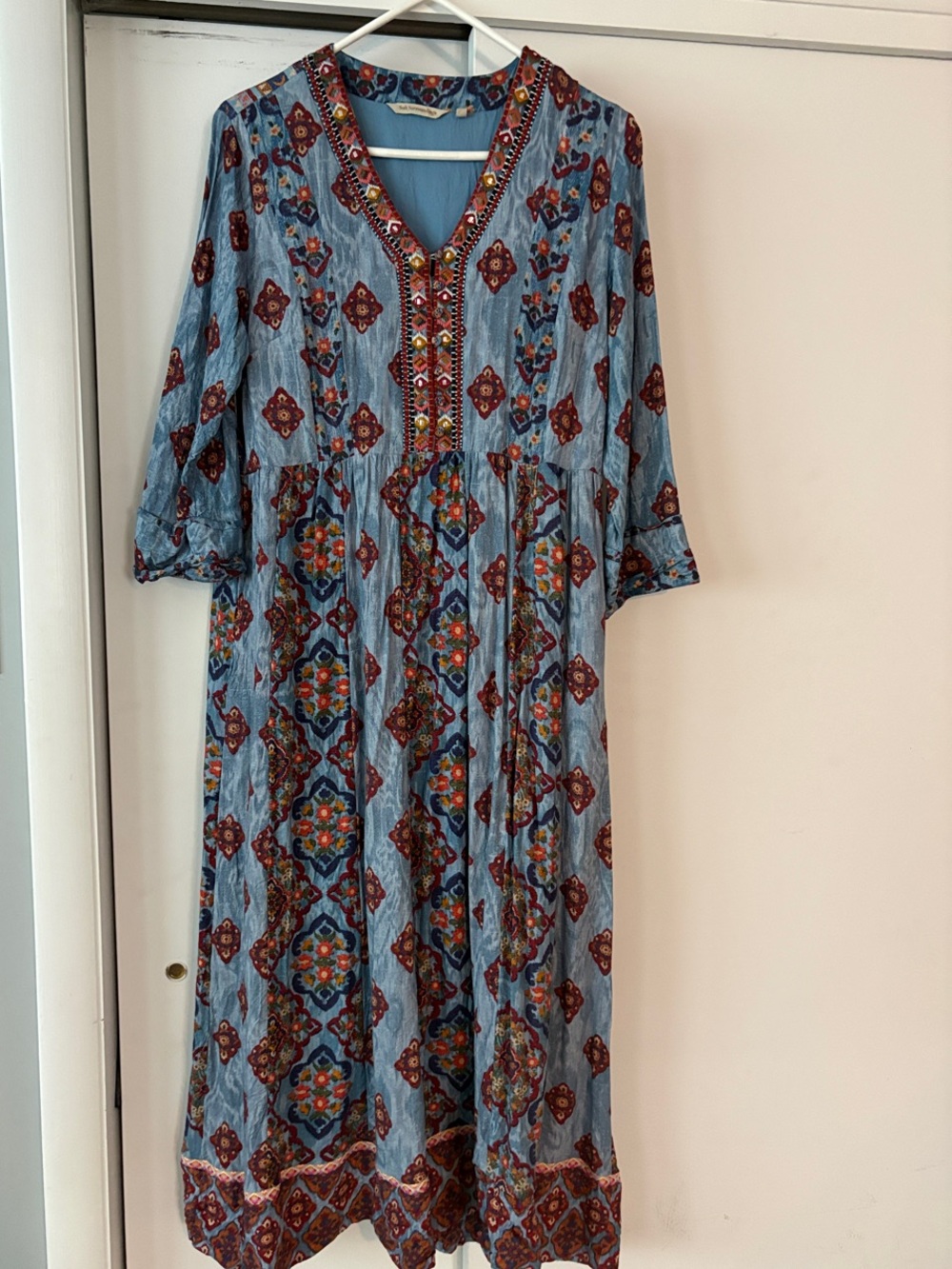 Soft Surroundings Blue Printed Embroidered V-Neck Maxi Dress